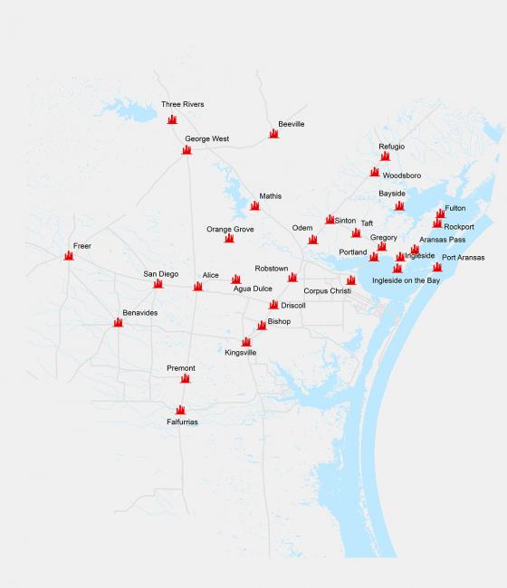 Cities map of Coastal Bend Council of Governments